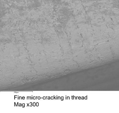 Fine micro-cracking in thread and evidence of fatigue in bolt – Mag x300