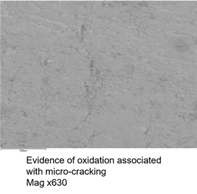 Evidence of oxidation associated with micro-cracking – Mag x 630